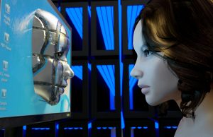 How AI Is Reshaping Software Development in 2025 A futuristic female AI interacting with a robotic face emerging from a computer screen, symbolizing how AI is reshaping software development in 2025.