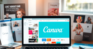Beginner’s Guide to Using Canva for Business and Content Creation Laptop showing a design interface similar to Canva, surrounded by creative tools and marketing materials, illustrating a beginner’s guide to using Canva for business and content creation.