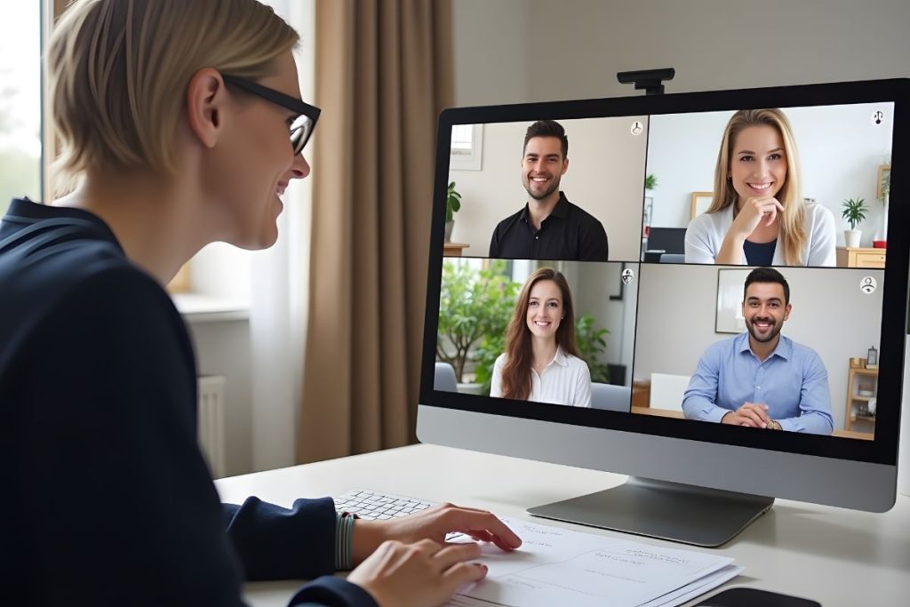 A woman participating in a virtual meeting with four smiling coworkers on screen, demonstrating effective time-zone management in a global remote team.