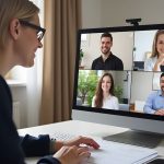 A woman participating in a virtual meeting with four smiling coworkers on screen, demonstrating effective time-zone management in a global remote team.