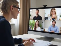 Time-Zone Management: 10 Tips for Productive Global Teams A woman participating in a virtual meeting with four smiling coworkers on screen, demonstrating effective time-zone management in a global remote team.