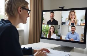 Time-Zone Management: 10 Tips for Productive Global Teams A woman participating in a virtual meeting with four smiling coworkers on screen, demonstrating effective time-zone management in a global remote team.