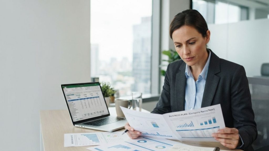 Business professional reviewing a business plan with financial charts and graphs on an office desk.