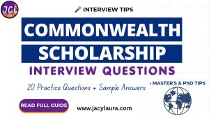 Commonwealth Scholarship interview questions and answers guide with 20 sample responses for Master’s and PhD applicants.
